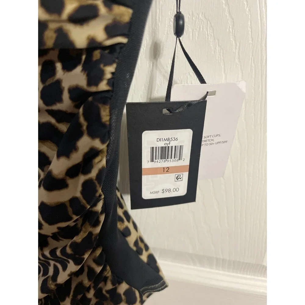 DKNY Women's Leopard-Print One Piece Swimsuit  Suntan Size 12  New with Tags - Picture 2 of 9